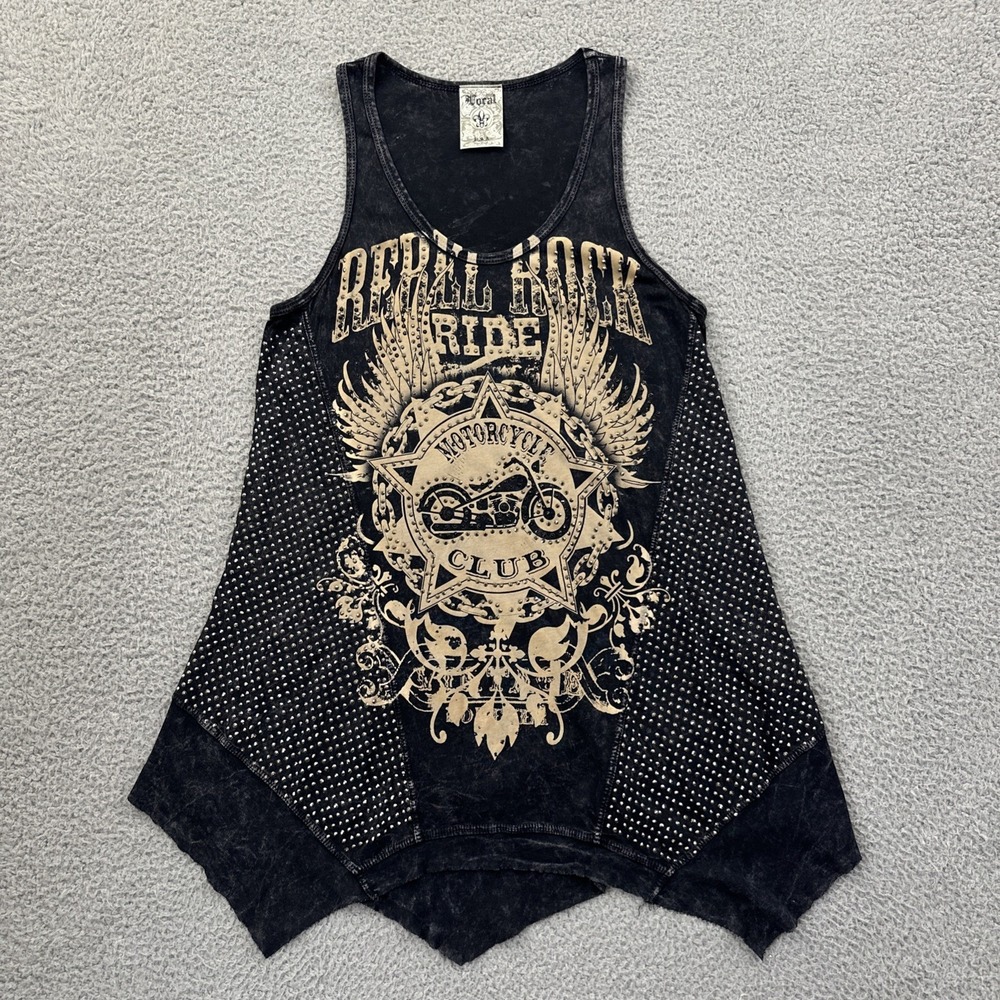 Vocal Black Studded Rebel Rock Graphic Tank Top Grunge Biker Moto Women Small